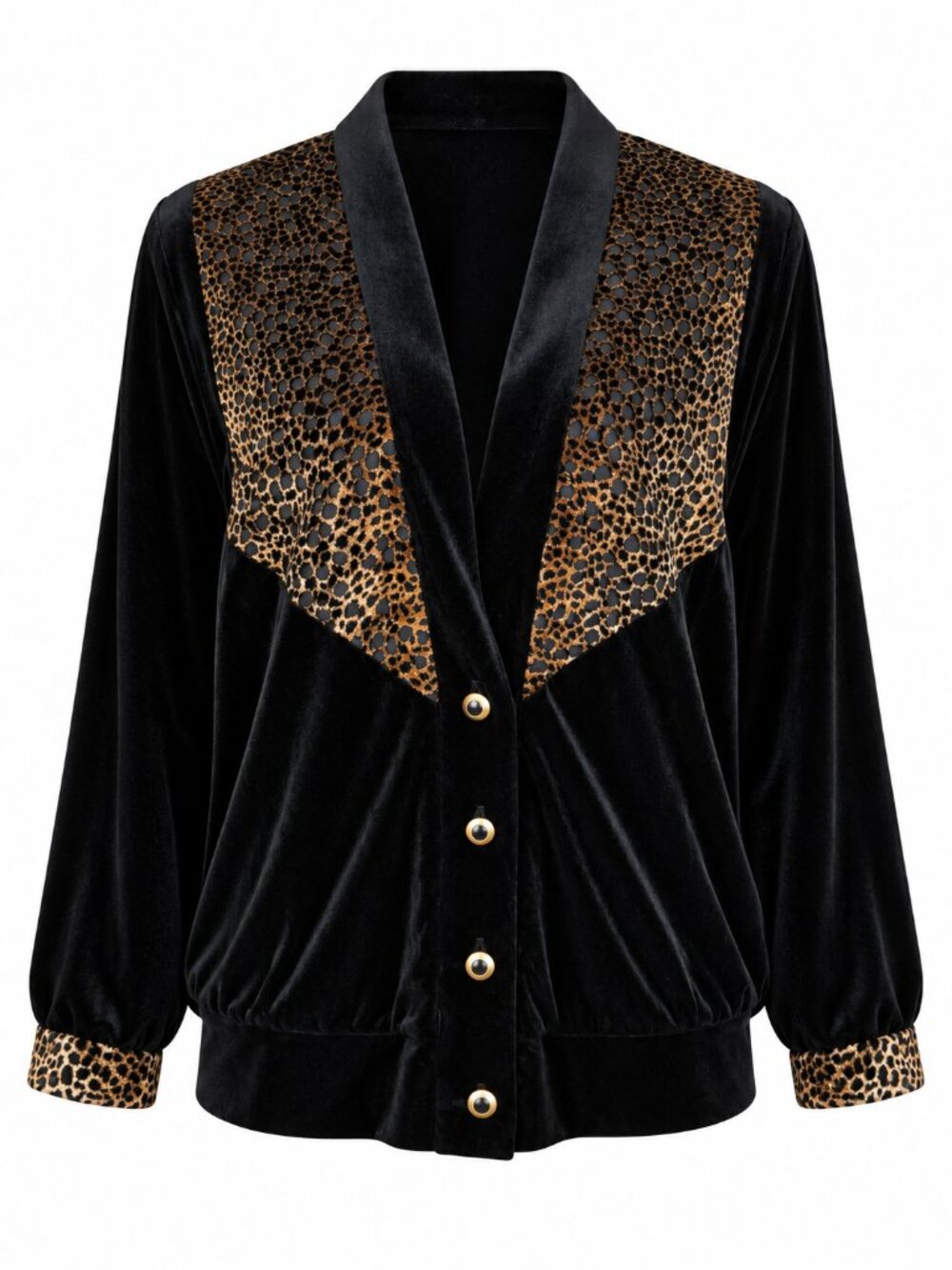 Regal Vintage Black Velvet Leopard Blouson Jacket Gold Buttons Oversized S